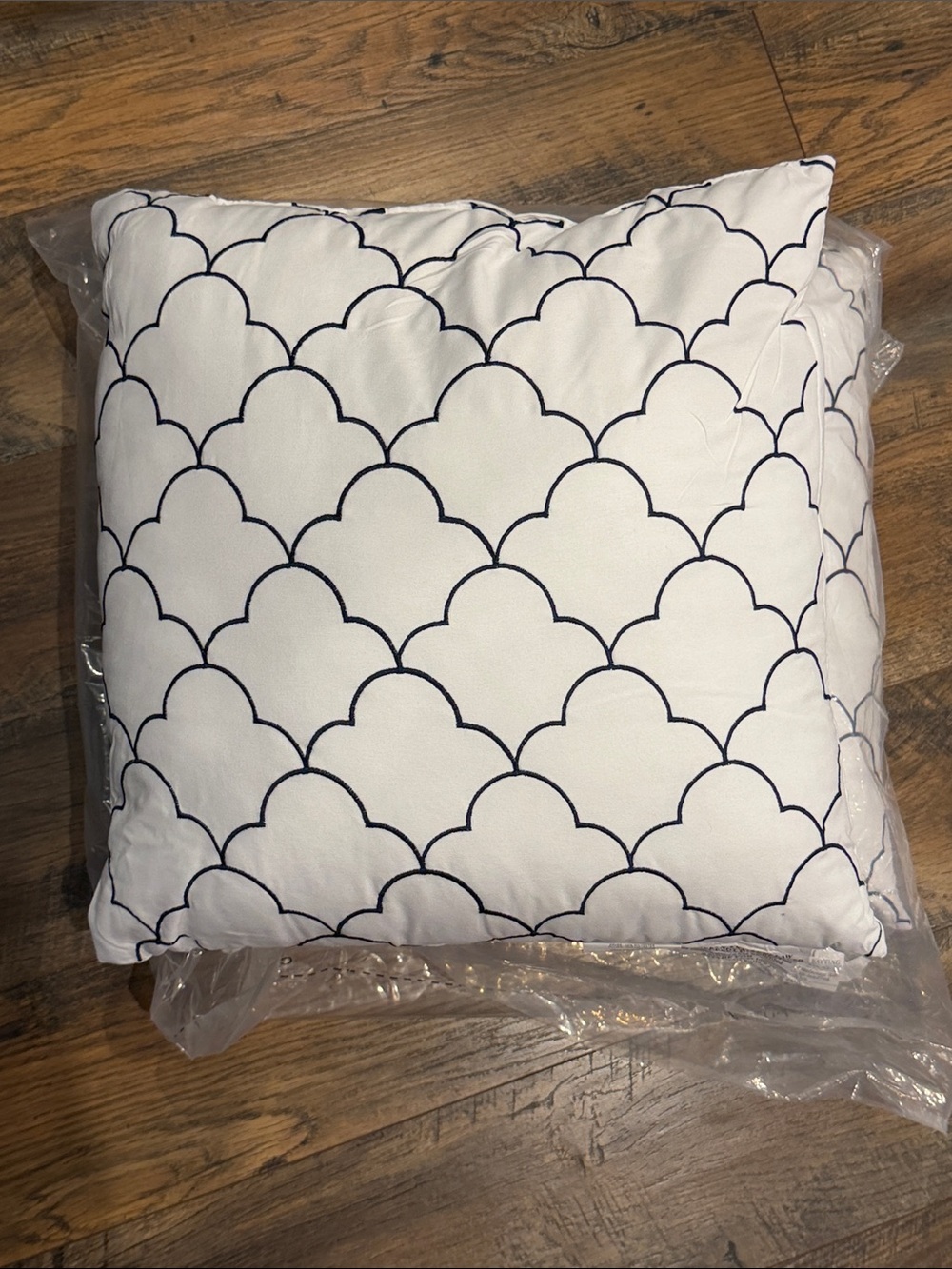 White Decorative Throw Pillow with Black Scallop Embroidery